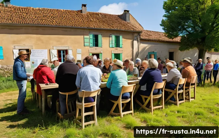지속가능성 전문가로서의 공공 기여 사례 - A community workshop scene in a small French rural town focused on sustainability education: diverse...