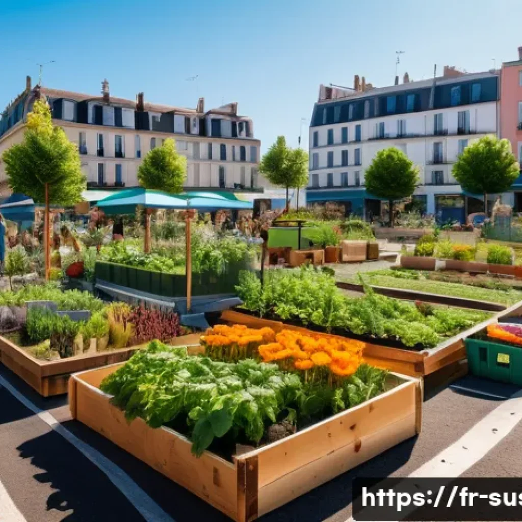 지속가능성 전문가가 추천하는 책 - A vibrant urban community garden in a French city, showcasing diverse people of all ages planting ve...