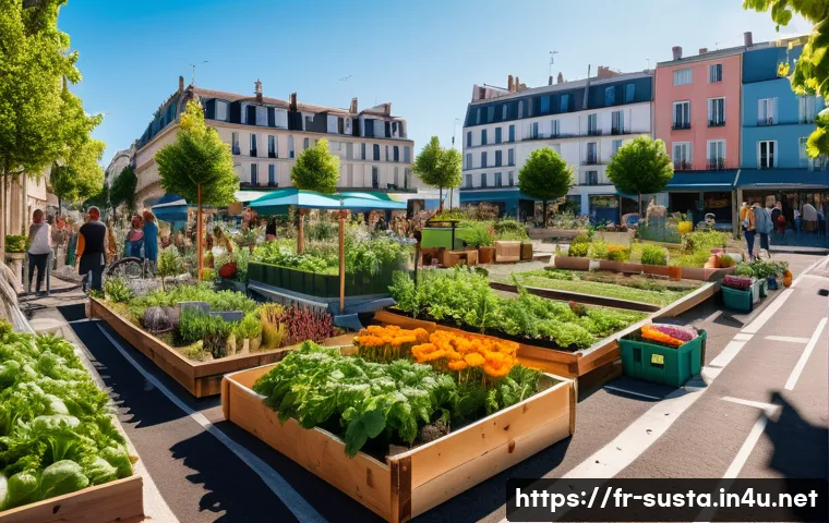 지속가능성 전문가가 추천하는 책 - A vibrant urban community garden in a French city, showcasing diverse people of all ages planting ve...