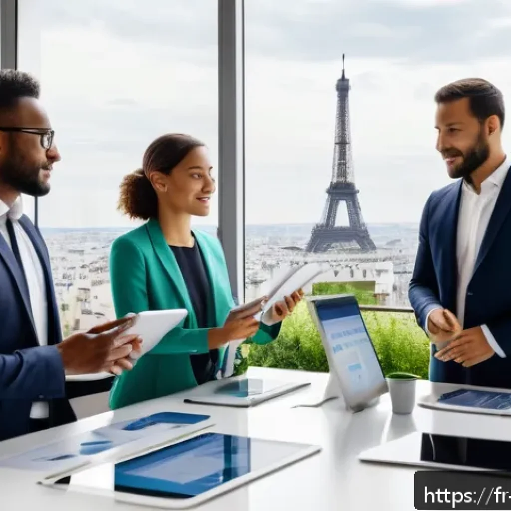 ESG와 지속가능성의 연계성 - A modern corporate office scene in Paris featuring a diverse group of employees engaged in a sustain...