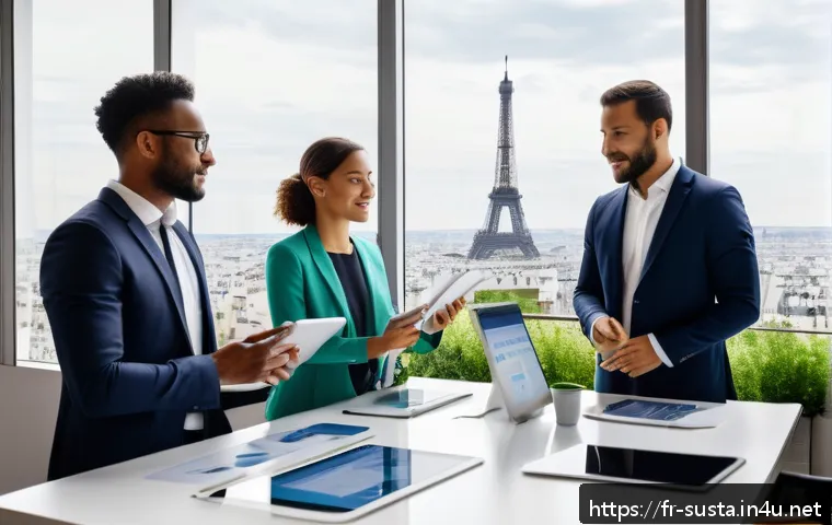 ESG와 지속가능성의 연계성 - A modern corporate office scene in Paris featuring a diverse group of employees engaged in a sustain...